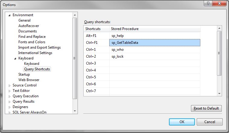 Query Shortcut for Stored Procedure sp_GetTableData